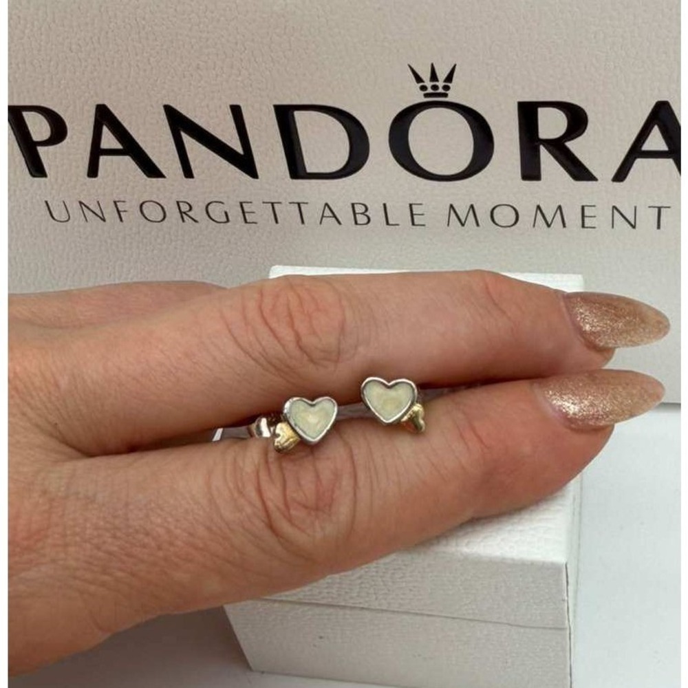 Pandora Two-Tone Heart Stud Earrings White Enamel & Gold Tone View 3